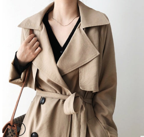 Temperament British Mid Length Over The Knee Windbreaker Women Loose Korean Style Jacket