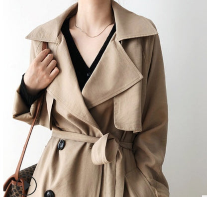 Temperament British Mid Length Over The Knee Windbreaker Women Loose Korean Style Jacket