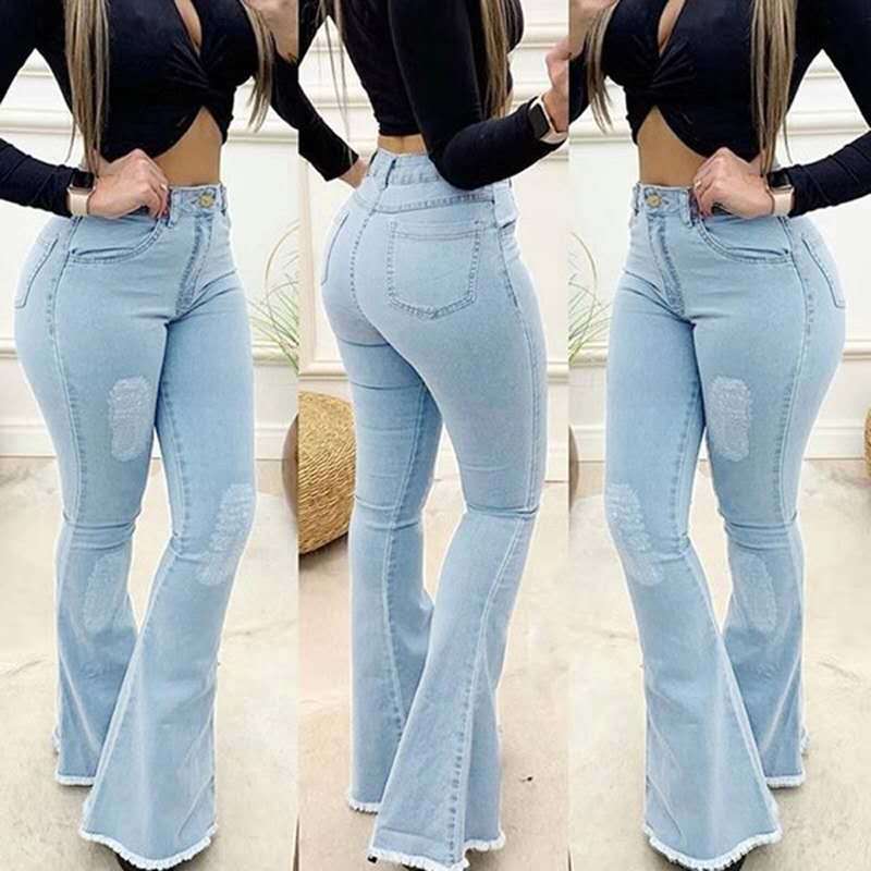 High Waist Bootcut Jeans for Women - Elastic Tassel Denim Trousers