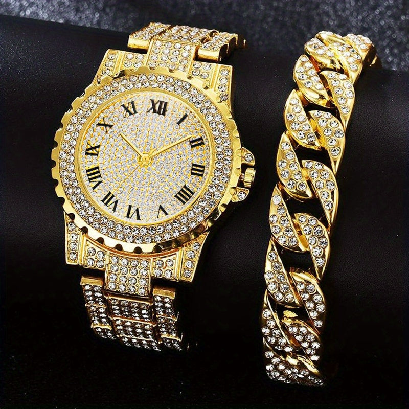 1pc Rhinestone Decor Quartz Watch Luxury Hiphop Analog Wristwatch & 1pc Bracelet, Gift For Xmas Valentine's Day