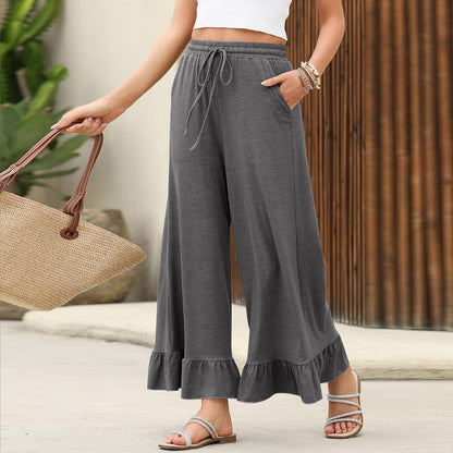 Women's High Waisted Ruffled Casual Pants - Loose Fit Straight Leg Trousers