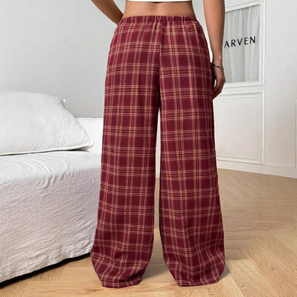 Women's Casual All-match Loose Drawstring Plaid Pocket Trousers