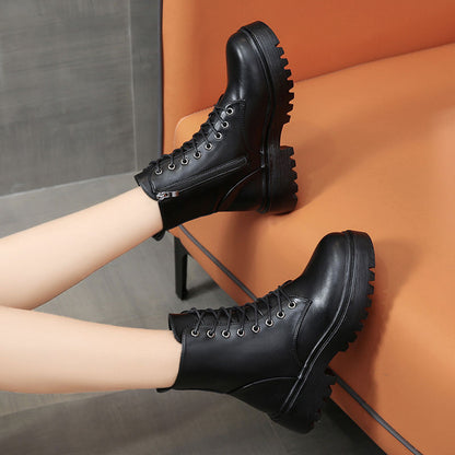 Women's Chunky Platform Round-Toe Ankle Boots with Thick TPR Sole & Faux Upper - Chunky Heel (1-2cm) Round Toe s, Black Faux & TPR Outsole for Casual, Office, Party - Round-Toe Booties