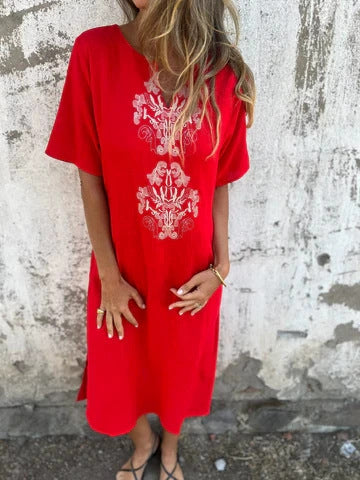 V-neck Loose-fit Cotton-linen Women's Dress