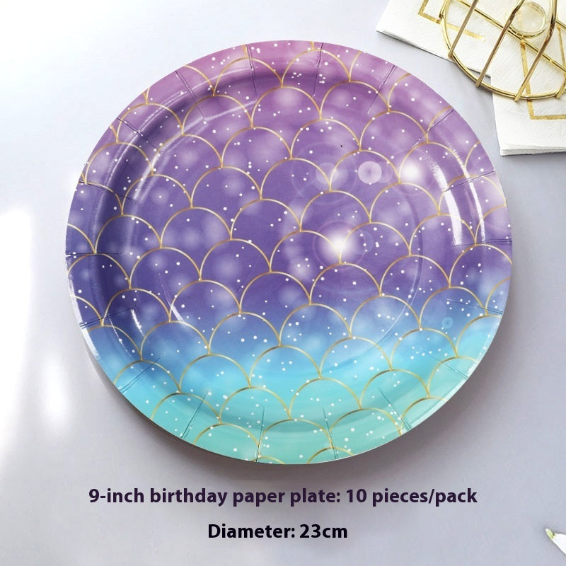 Mermaid Tail Theme Happy Birthday Paper Pallet Disposable Party Round Paper Pallet Suit Disposable Paper Cup