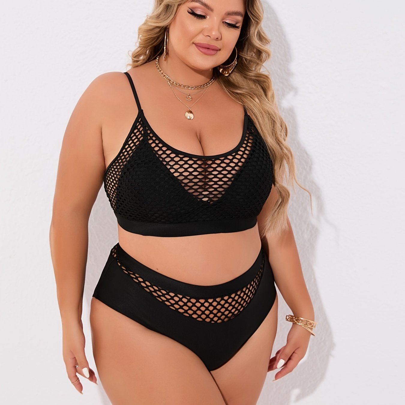 Plus Size Casual Bikini Set, Women's Plus Solid Contrast Fishnet Hollow Out High Stretch Crop Tank Top & Underwear Swimsuit Two Piece Set