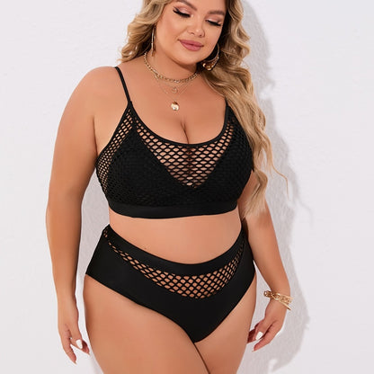 Plus Size Casual Bikini Set, Women's Plus Solid Contrast Fishnet Hollow Out High Stretch Crop Tank Top & Underwear Swimsuit Two Piece Set