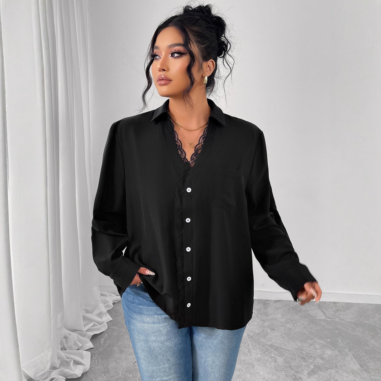 French Style Black Lace Shirt With Black Buttons