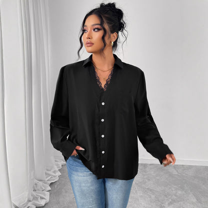 French Style Black Lace Shirt With Black Buttons