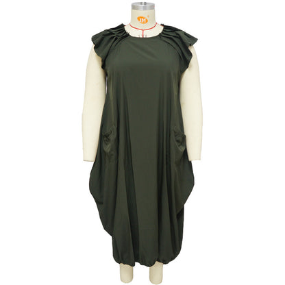 Women's Plus-Size Solid-Color Loose Dress With Two Pockets