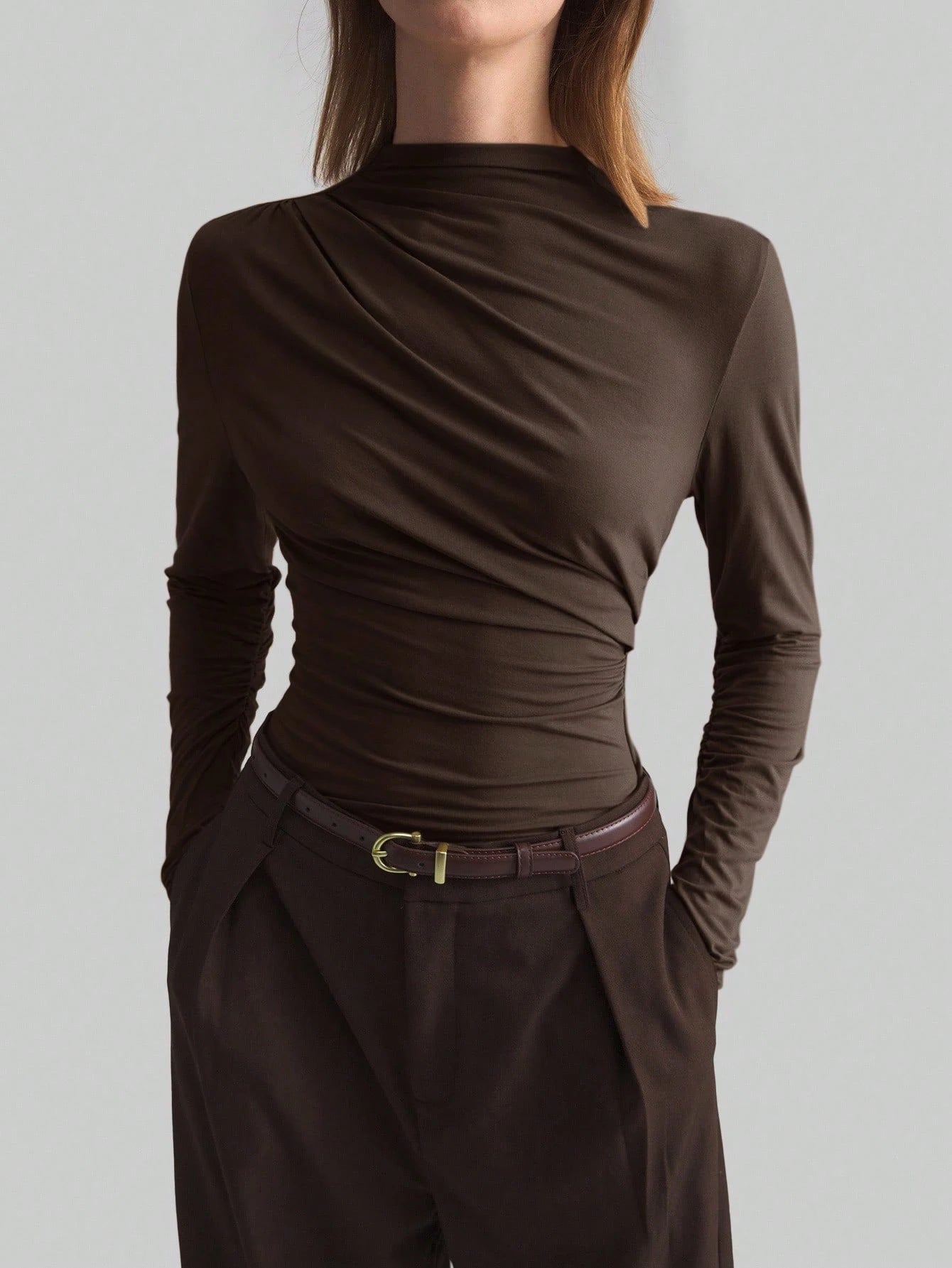 New Asymmetrical Mock-neck Slim-fit Base Top For Women