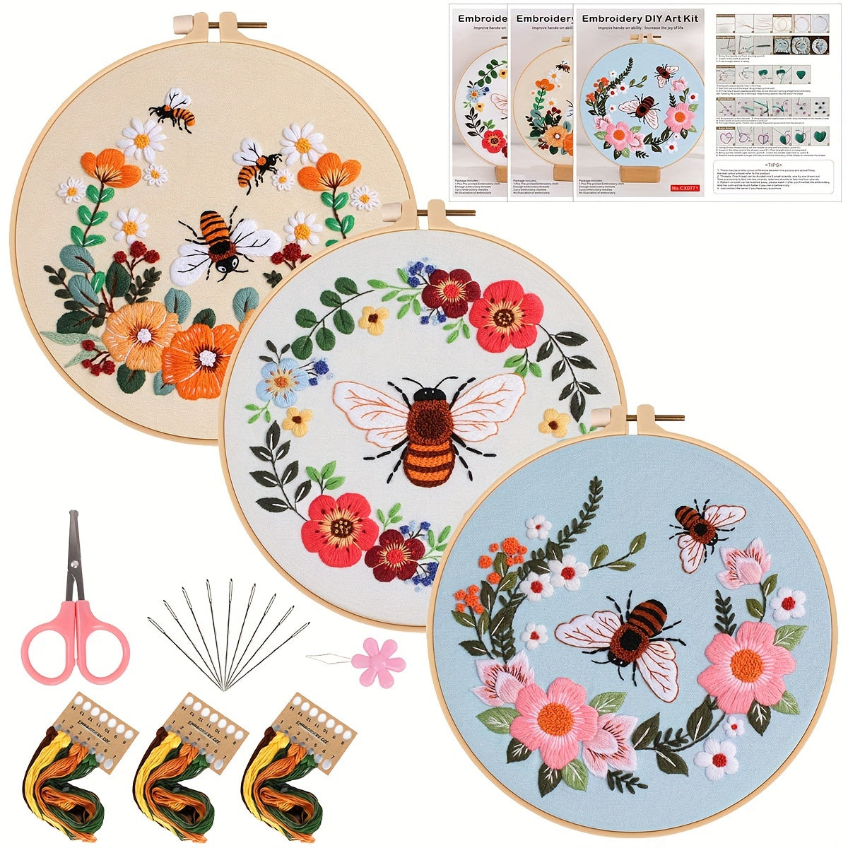 5set Embroidery Kit, Honeybee And Flowers, Include 1 Embroidery Hoop 7.9 Inch