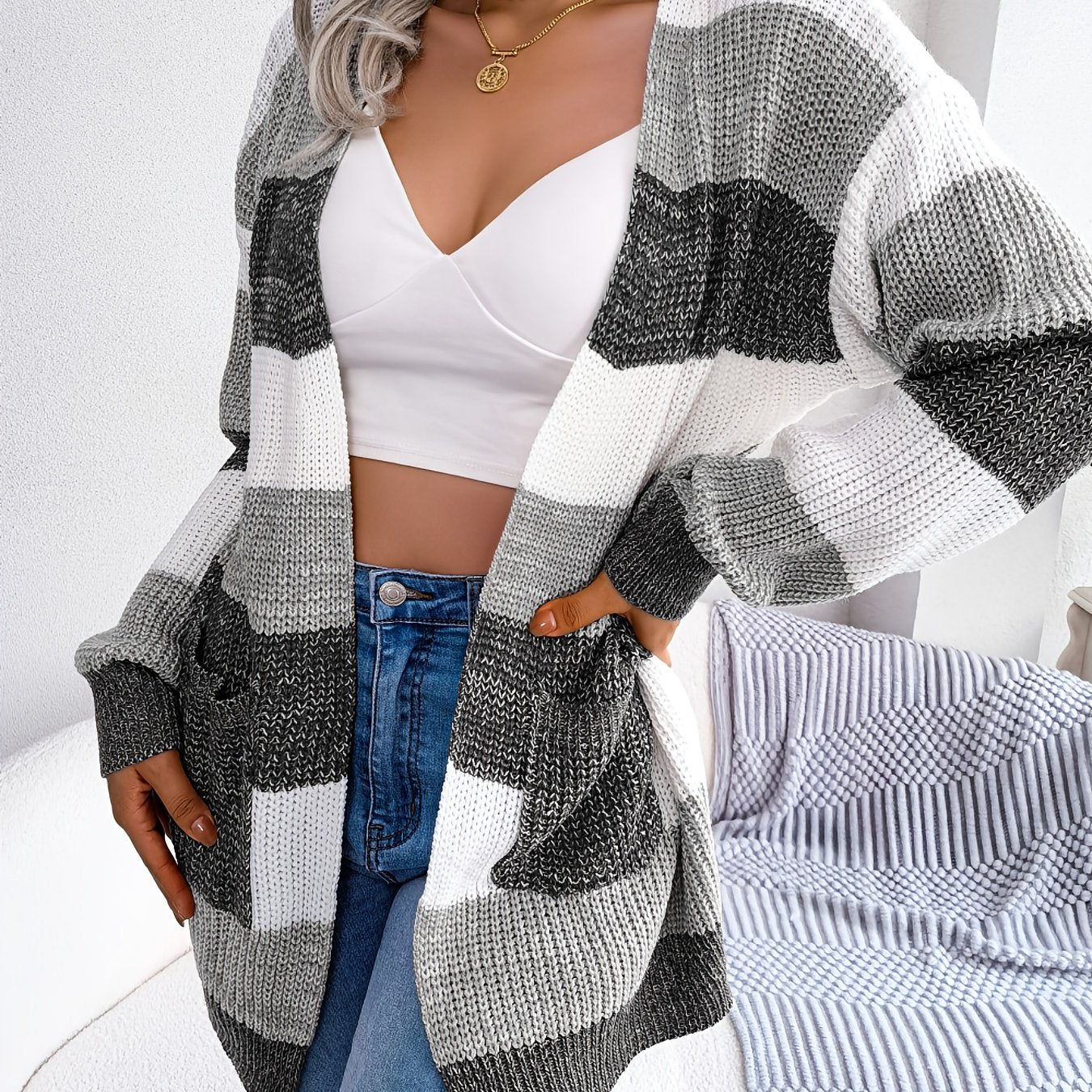 Vibrant Striped V-Neck Knit Cardigan - Soft High-Elasticity Acrylic Fabric, Casual Loose Fit, Drop Shoulder, Long Sleeve, Hand Wash Only, Perfect for Winter - Womens Casual Clothing for Everyday Wear