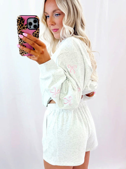 Casual Loose-fit Crew-neck Pullover Solid-color Embroidered Long-sleeve Top And Shorts Set