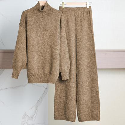 Casual Laid-back Style Solid Color Loose High Collar Knitted Sweater Suit