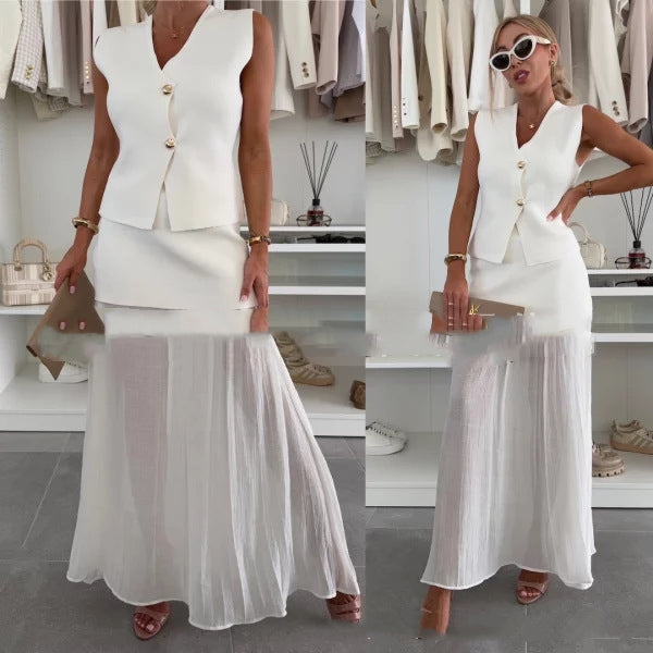 Women's Casual Solid-Colored Skirt And Pleated Long Skirt Set