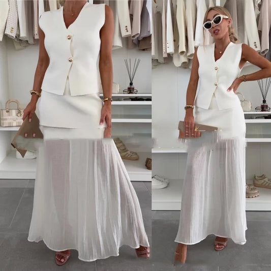 Women's Casual Solid-Colored Skirt And Pleated Long Skirt Set