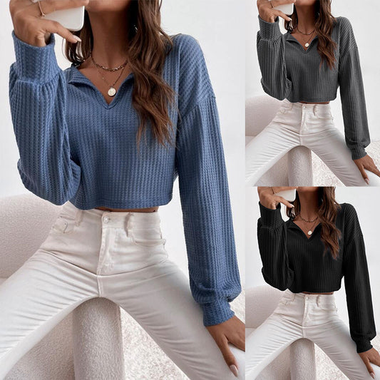 New Women's V-neck Solid-color Cropped Long-sleeve T-shirt