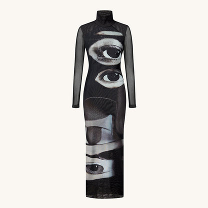 Elegant Mesh Double-layer Printed Crew-neck Long-sleeve Dress