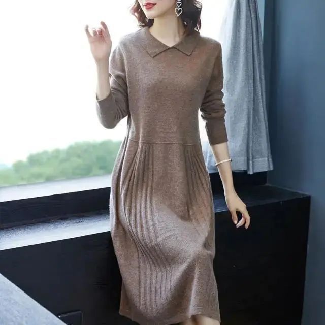 New Loose Slimming Mid-length Knitted Long Sleeve Sweater Dress