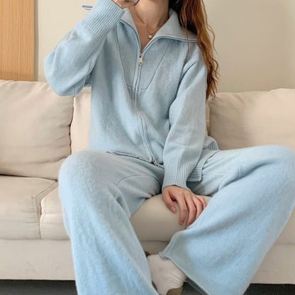 Knitted Zipper Cardigan Wide Leg Pants Solid Color Two-piece Set