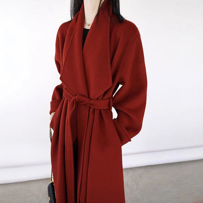 Handmade Red Wool Mid-length Cashmere Coat