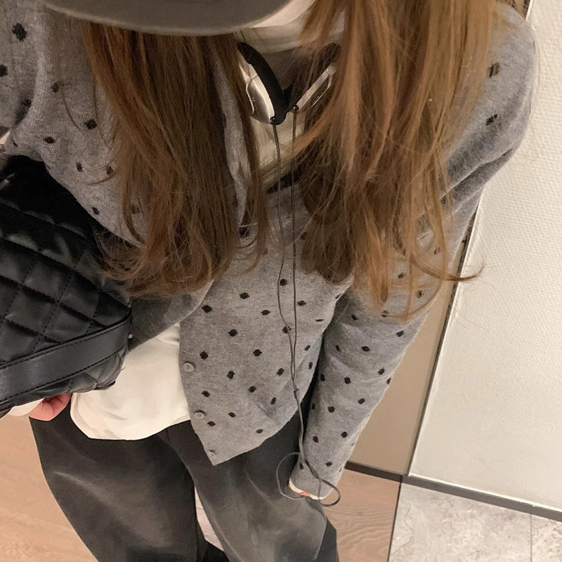 Women's Korean-style Gray Dot Knitted Cardigan Autumn Long-sleeved Top