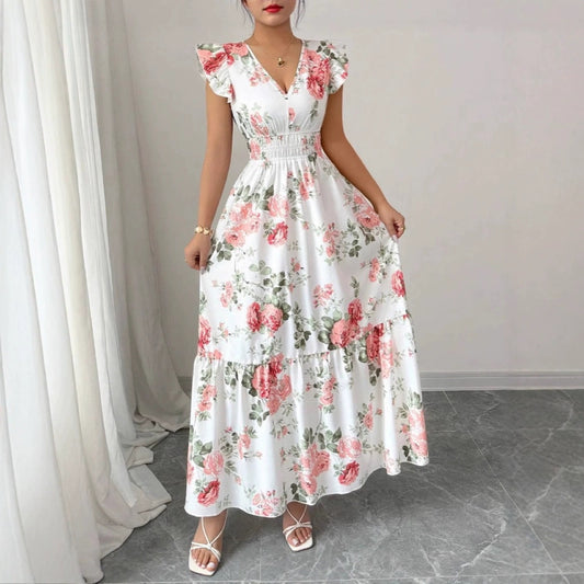 Women's Fashionable Elegant And Sophisticated Printed Dress With Ruffled Sleeves