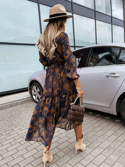 New Long-sleeved Mid-length Printed Dress