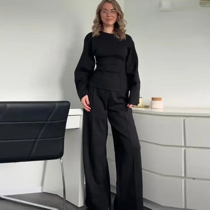Fashion Long Sleeve O-neck Pleated Top Wide Leg Pants Women's Suit