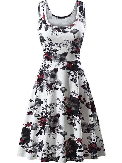 Romantic Floral Print Sleeveless Beach Dress - Flattering Squared Neck, High Waist Ruffle Hem, Perfect for Fashionable Womens Summer Wardrobe