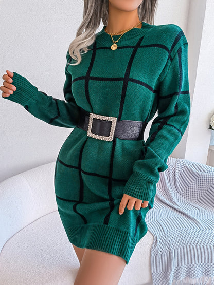 Premium Color Block Plaid Sweater Dress - Women's Long Sleeve Casual Bodycon Dress
