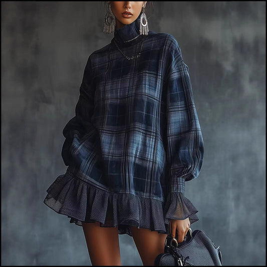 Women's Spring Collection Designer Plaid Dress With Ruffled Hem