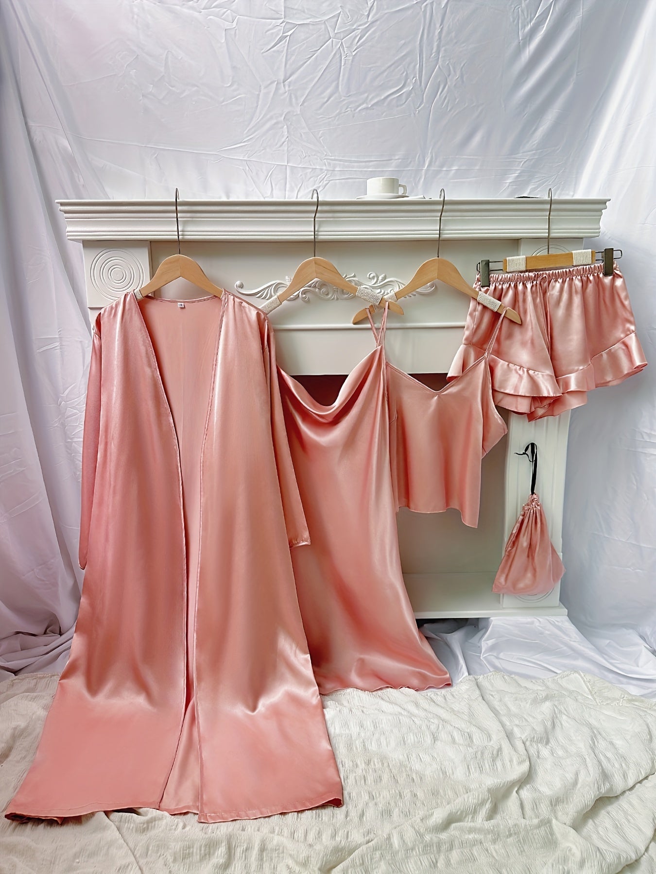 Women's Cherry Print Pajama Set - Elegant V-Neck Sleepwear with Suspender Shorts & Skirt