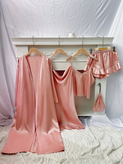 Women's Cherry Print Pajama Set - Elegant V-Neck Sleepwear with Suspender Shorts & Skirt