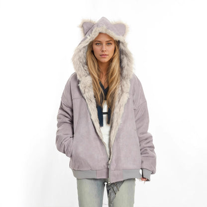 Winter Coat With A Fur Collar Made From Faux Suede For Warmth