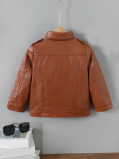 Children's Lapel PU Leather Jacket Zipper Coat Top For Girls And Boys Kids Clothes
