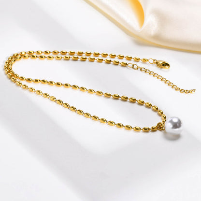 New Titanium Steel 18K Gold Milgrain Pearl Clavicle Necklace For Women