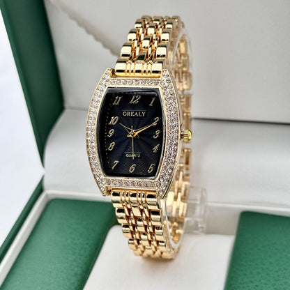 Diamond-encrusted Watch Barrel-shaped Dial Metal Bracelet Quartz Ladies' Watch