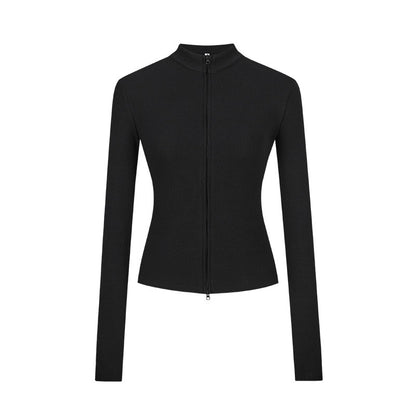 Stand-up Collar Slim-fit Waist-cinching Cardigan Top