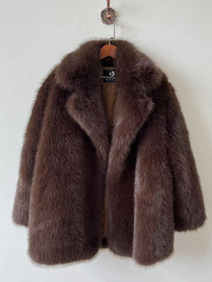 Women's Autumn Winter Warm Notched Collar Mid-Length Fur Coat