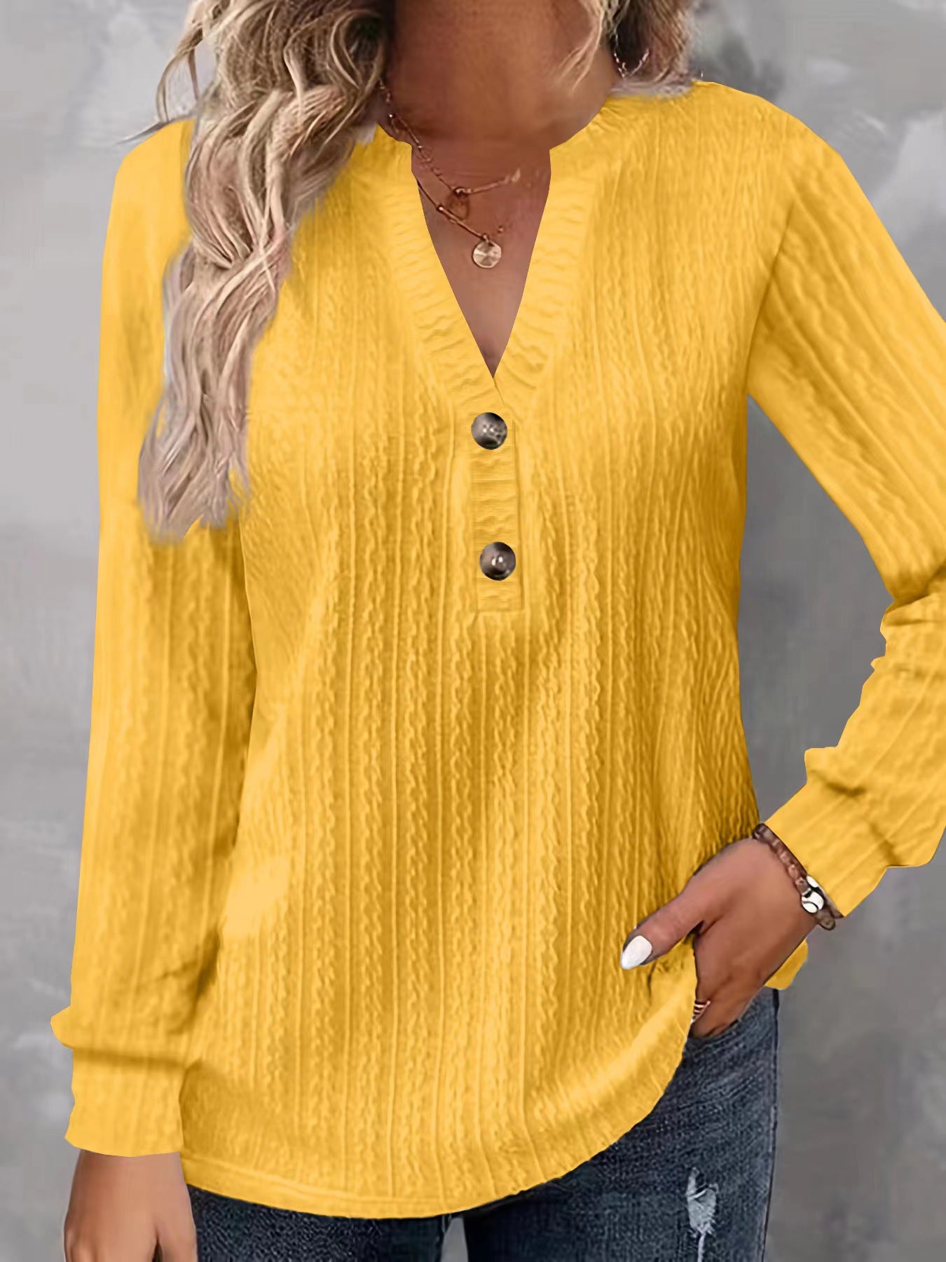 Women's Solid-color Long-sleeve V-neck Button T-shirt Top