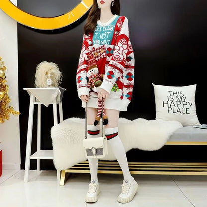 Versatile Loose Round-neck Red Christmas Sweater Women