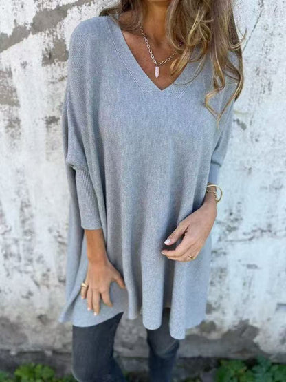 New Autumnwinter Women's Long-sleeve Knitted V-neck Loose-fitting Long Top