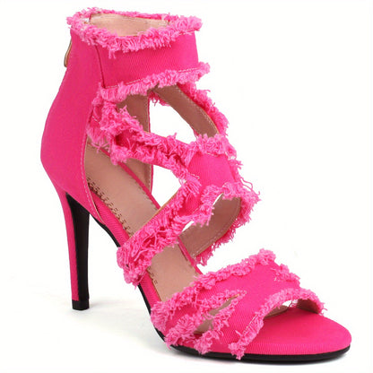 Women's Denim Cut-Out Stiletto Heels - Peep Toe High Heel Party Sandals with Back Zipper