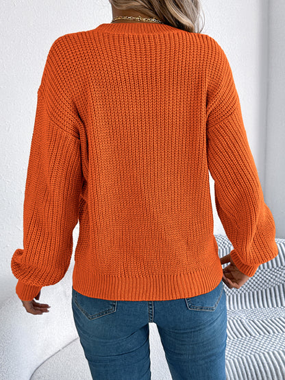 Women Casual Solid Color V-Neck Hollow Out Lantern Sleeve Pullover Sweater