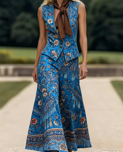 Women's Sleeveless Suit Collar Button-down Casual Skirt Suit