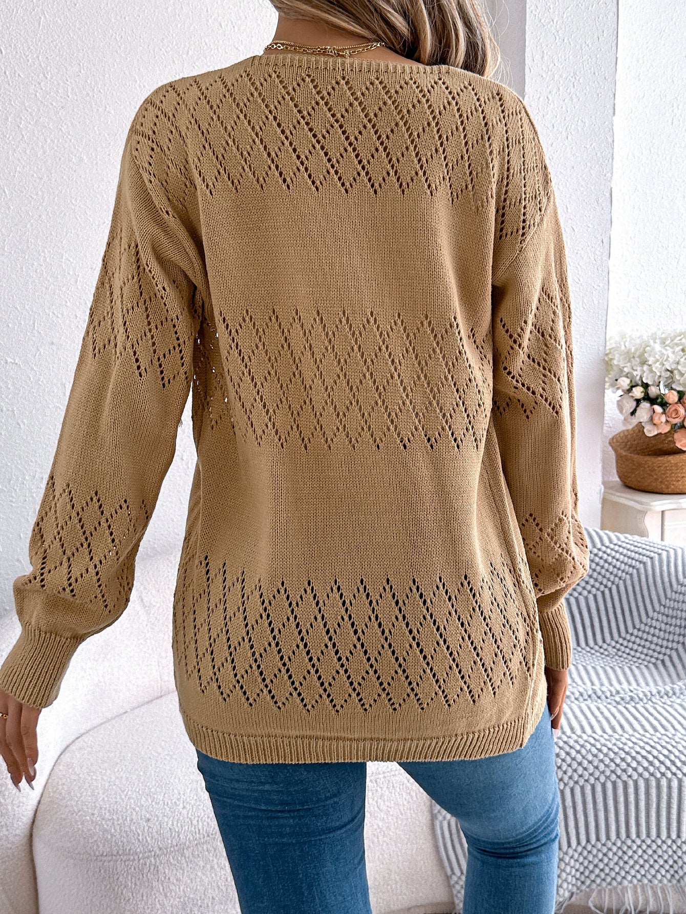 Women Casual Solid Color Hollow Out Lantern Sleeve Mid-Length Cardigan Sweater