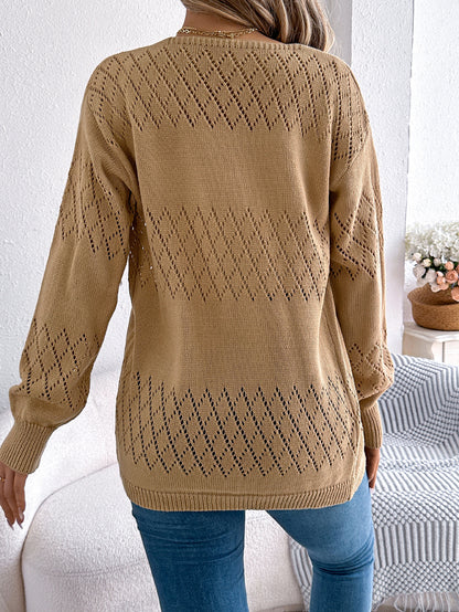 Women Casual Solid Color Hollow Out Lantern Sleeve Mid-Length Cardigan Sweater