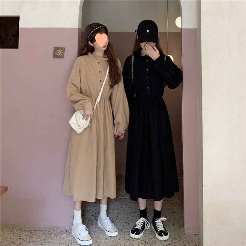 Retro Aloofness Style Mid-length Waist Fungus Long Sleeve Dress